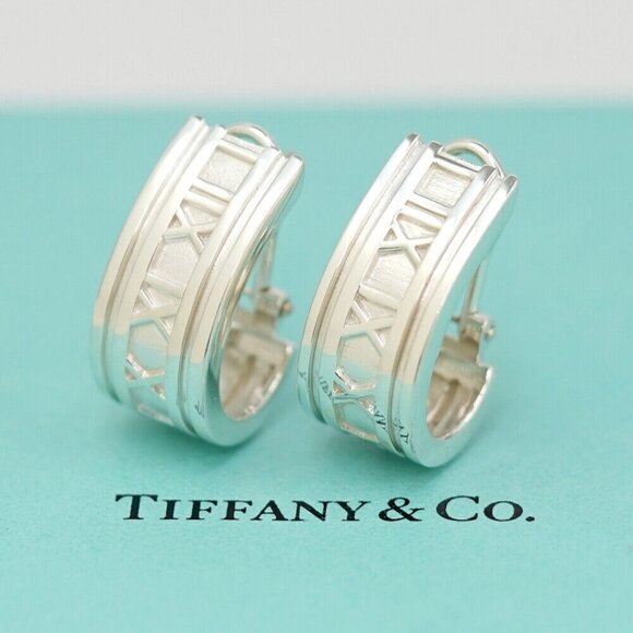 Tiffany & Co. Atlas Roman Numerals Hoop Omega Back Earrings SV925 Auth w/Box #27 - Picture 1 of 6